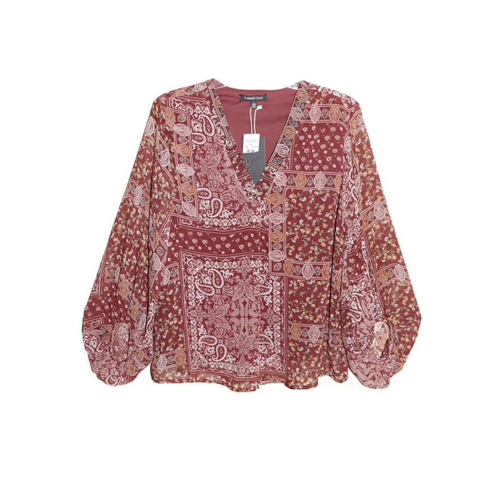 Laurel Grey Balloon Sleeve Patchwork Print Blouse